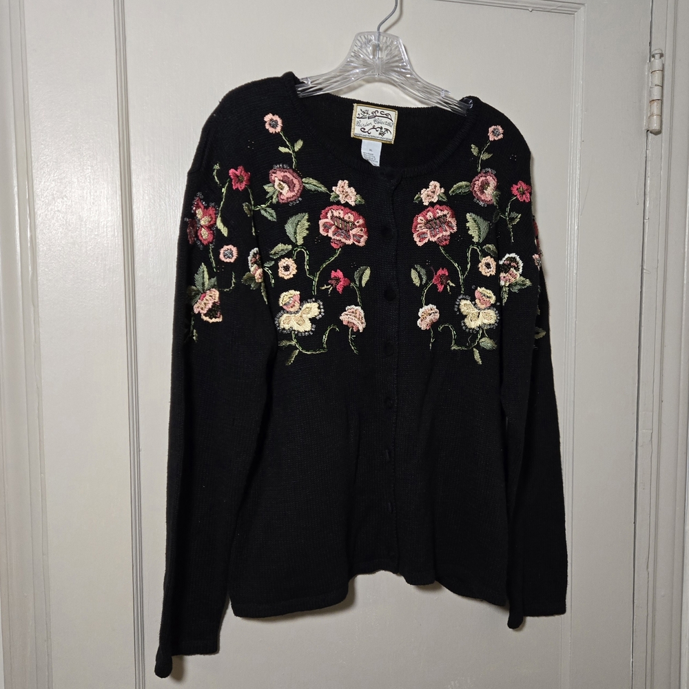Heirllom Collectibles Chic Black Cardigan with Floral Embroidery
